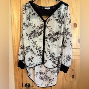 Bar III Sheer Black and Cream Floral Blouse